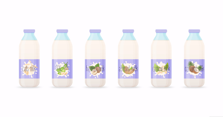 Classic milk bottles with Different variation of plant based milk. Nuts set: hazelnut, coconut, almond, soy bean, oat, cashew.. Flat design modern vector illustration concept.のイラスト素材