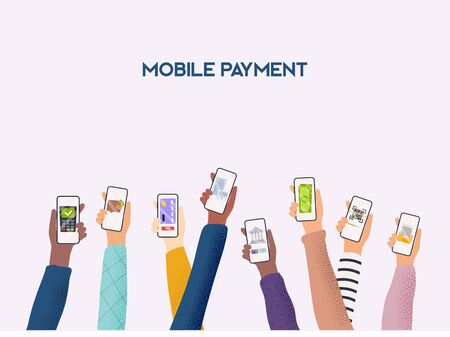 Hands holding phones with differed type of payment. Flat design vector illustration concepts of online payment methods. Internet banking, online purchasing and transaction, electronic funds transfers.のイラスト素材