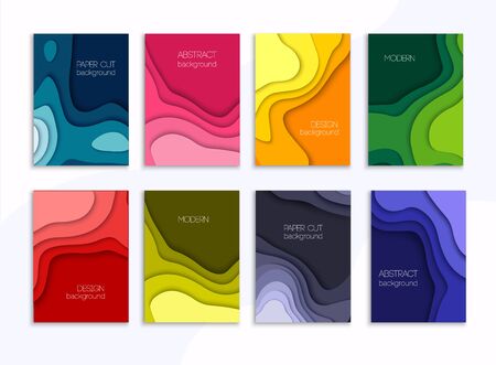 Set of 8 backgrounds with colorful paper cut shapes. 3D abstract paper art style, design layout for business presentation. Cover layout design template.のイラスト素材