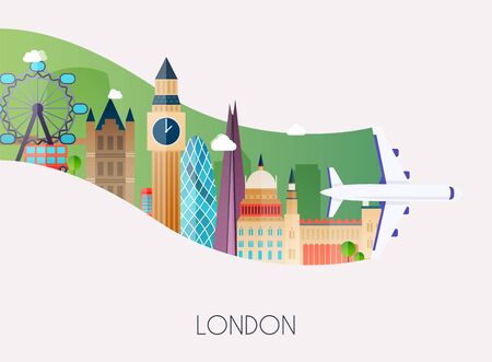 Travel to London. Traveling on airplane, planning a summer vacation, tourism and journey objects and passenger luggage. Flat design modern vector illustration concept.のイラスト素材