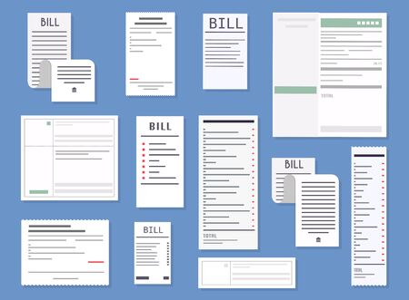 Vector realistic receipts, bills, commercial checks. Paying bills. Payment of utility, bank, restaurant and other bills. Flat design modern vector illustration concept.のイラスト素材