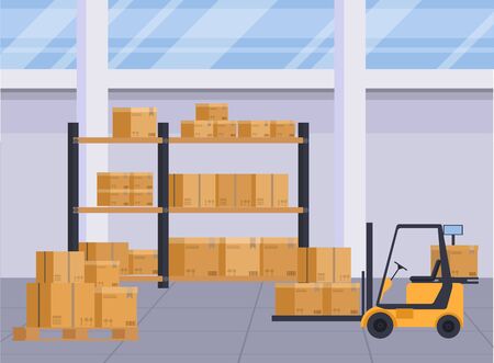Warehouse interior with boxes on rack.  Logistic background and objects.のイラスト素材