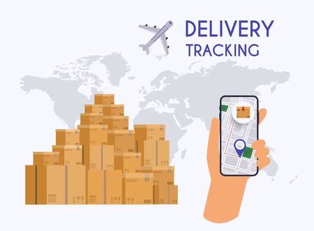 Hand holding mobile smart phone with app delivery tracking. Vector modern flat creative info graphics design on  application. のイラスト素材
