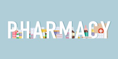 Pharmacy background. Medical pills and bottles. Medical concept. Flat design style modern vector illustration concept.のイラスト素材