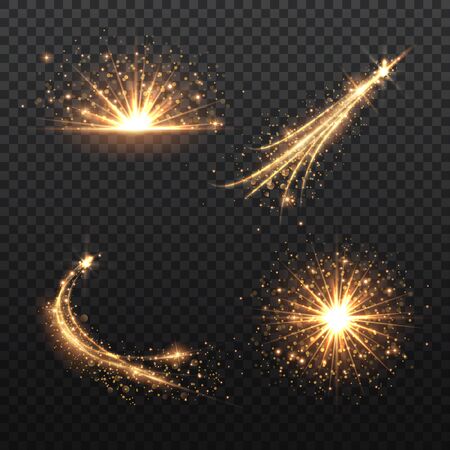 Set of transparent Golden Glow light effect. Copper lights effects. Sparkle and glitter. Vector illustration.のイラスト素材