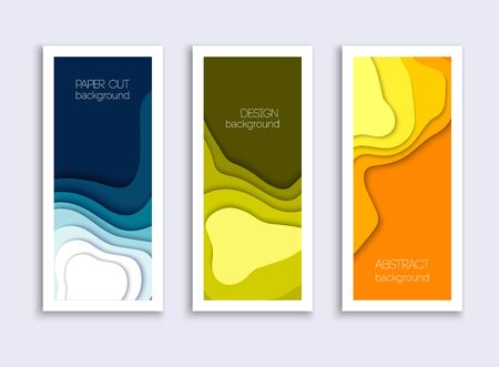 Set of 3 backgrounds with colorful paper cut shapes. 3D abstract paper art style, design layout for business presentation. Cover layout design template.のイラスト素材