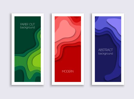 Set of 3 backgrounds with colorful paper cut shapes. 3D abstract paper art style, design layout for business presentation. Cover layout design template.のイラスト素材