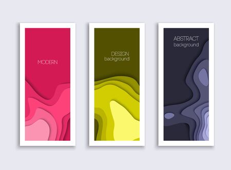 Set of 3 backgrounds with colorful paper cut shapes. 3D abstract paper art style, design layout for business presentation. Cover layout design template.のイラスト素材