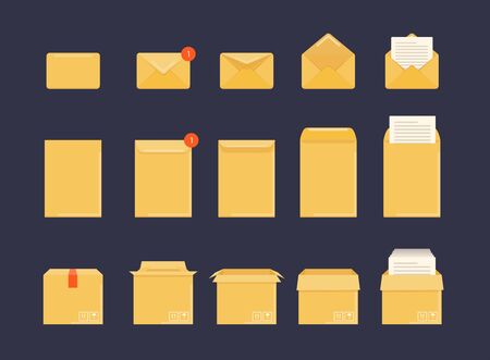 Opened and closed envelope, box and  with note paper card. Mockup set.のイラスト素材