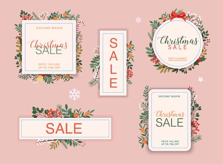 Christmas sale banner set. Discount season. Winter leafs on the background. Flat design modern vector illustration concept.のイラスト素材