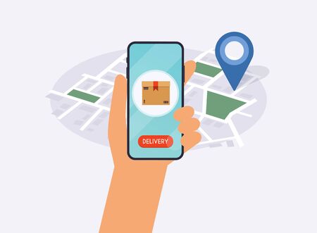 Hand holding mobile smart phone with app delivery tracking. Vector modern flat creative info graphics design on application.のイラスト素材