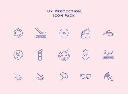 Skin care line icons. Sunscreen, UV Defence Vector Thin Line Icons. Sunscreen, Suntan Rules Linear Illustrations. Summer, Seaside Vacations Cosmetics.のイラスト素材