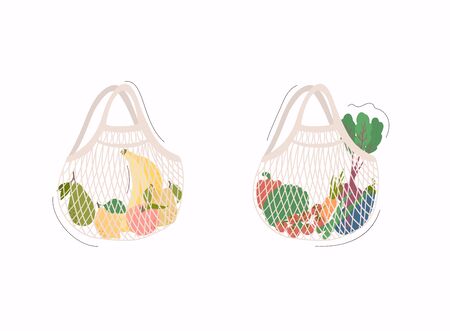 Mesh or net bags full of fruits and vegetables. Shopper with fresh food from local market. のイラスト素材