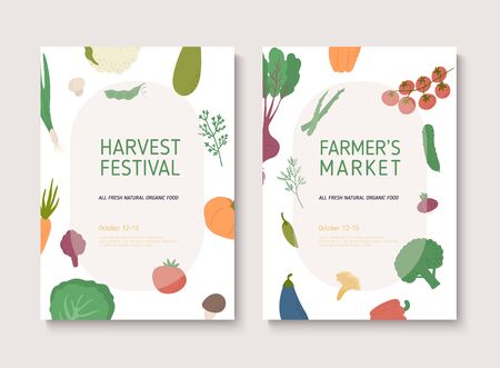Harvest festival or farmers market flyer. Poster templates with organic vegetables.のイラスト素材