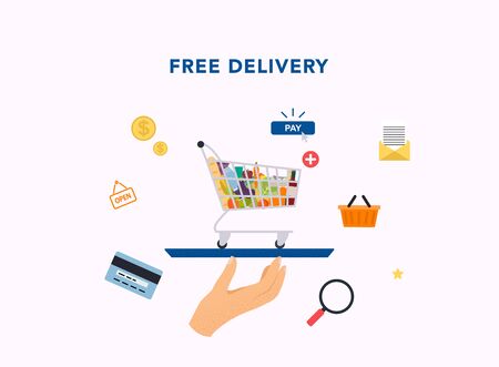 Free service. Hand holding tray with food cart. Free food delivery in flat style.のイラスト素材