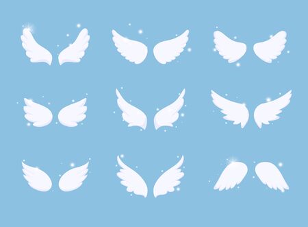 Set of hand drawn bird or angel wings  with light effect. Different shape in open position.のイラスト素材