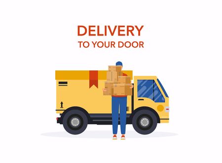 Delivery man and track. Flat design modern vector illustration concept.のイラスト素材