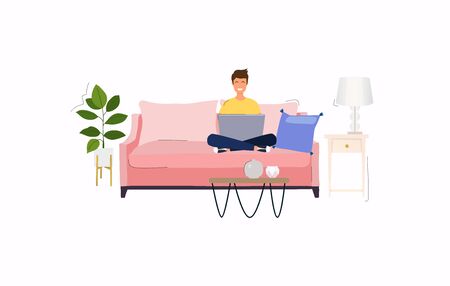 Man working at home. Young man sitting on a sofa and using laptop. Freelance, self employed, freedom, in living room.のイラスト素材
