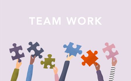 Concept of teamwork and integration with businessman holding colorful puzzle. のイラスト素材