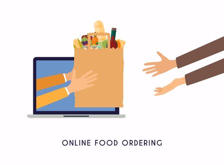 Colorful vector illustration concept for grocery delivery. Online ordering of food.のイラスト素材