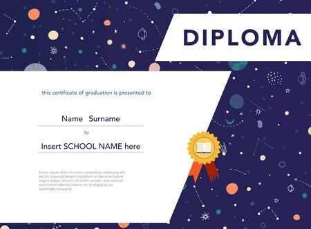 Diploma template for kids. Space background.のイラスト素材
