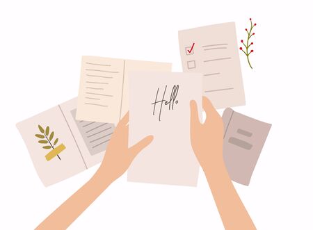Hands holding paper sheet with handwritten text. Colorful vector illustration in flat style.のイラスト素材
