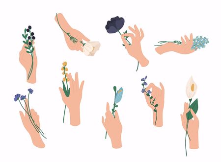 Hands holding bouquets or bunches of blooming flowers. Vector set of floral elements with hand drawn flowers.のイラスト素材