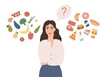 Woman choosing between healthy and unhealthy food. Organic products and fast food. Diet decision concept and nutrition.のイラスト素材