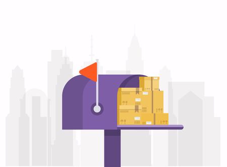 Mail box with carton delivery box. vector illustration in the flat style.のイラスト素材