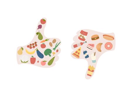 Healthy fresh vegetables and unhealthy junk food comparison with thumbs up and down.のイラスト素材