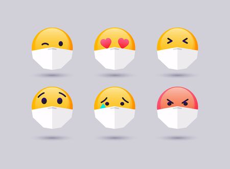 Set of emoji with mouth mask. Emoji flat design, avatar. Vector illustration isolated on white background.のイラスト素材