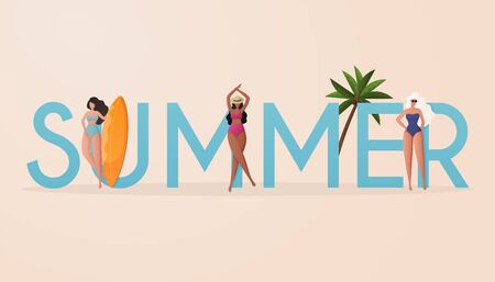 Beach summer travel lifestyle poster in retro style. Women in bikini on a beach. Beach summer travel lifestyle poster in retro style.のイラスト素材