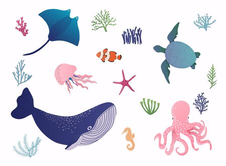 Set with hand drawn sea life elements. Vector illustration.のイラスト素材