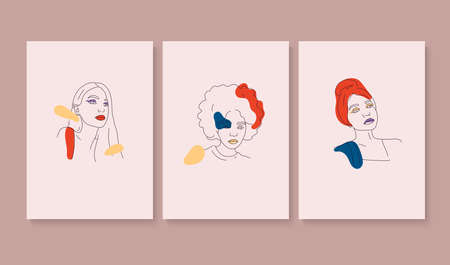Set of Woman's Face continuous Line art. Collection of contemporary art posters.のイラスト素材