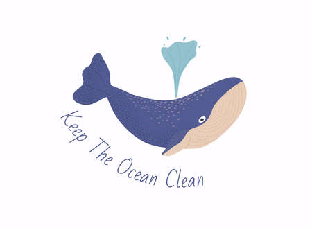 Keep the ocean clean concept. Cute wild mammal character of great whale in ocean.のイラスト素材