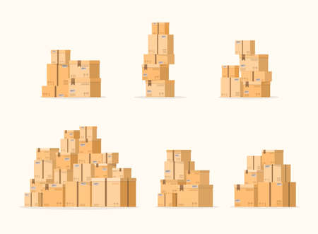 Set of pile of stacked sealed goods cardboard boxes. Carton delivery packaging.のイラスト素材