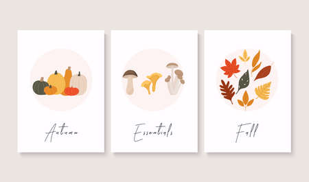 Set of abstract autumn backgrounds. Autumn greetings cards perfect for prints, flyers, banners, invitations, promotions.のイラスト素材