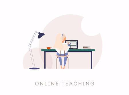 Young woman study at computer. Can use for web banner, infographics, hero images.のイラスト素材