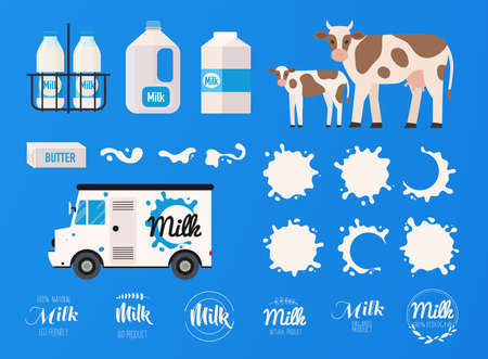 Milk concept. Set of milk bottles, splashes, logos. Natural dairy products.のイラスト素材