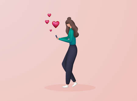 Cute 3d woman send mails, chatting. Love mail - hearts flying out smartphone in womans hands.のイラスト素材