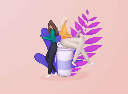 Women sit on a large cup and working. Concept coffee break, coffee shop, communication and work / education. 3d vector illustration.のイラスト素材