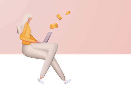 Cute 3d woman send mails, chatting. Business woman vector illustration. Working process, new email message, mail notification.のイラスト素材