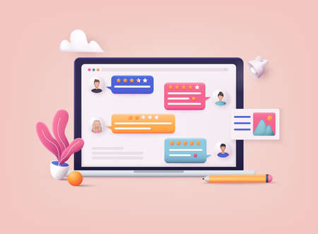 3D Web Vector Illustrations. Laptop with review rating. Reviews stars with good and bad rate and text.のイラスト素材