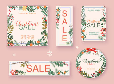 Christmas sale banner set. Discount season. Winter leafs on the background. Flat design modern vector illustration concept.のイラスト素材