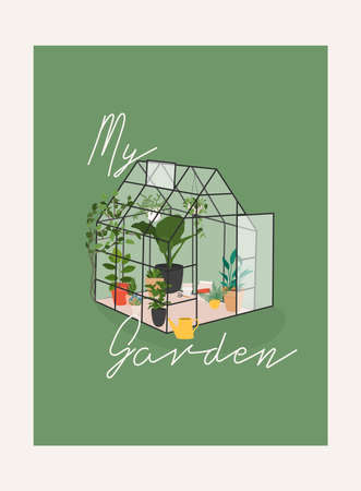 Garden, flowers and plants at home and outdoor. Glass greenhouse, home garden.のイラスト素材