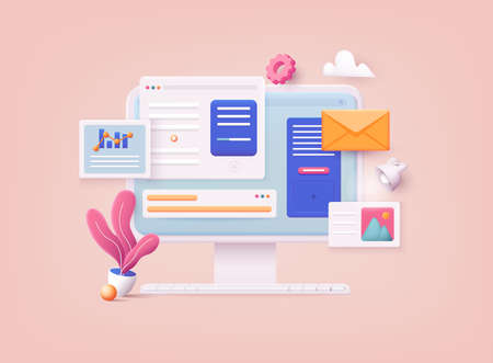 3D Web Vector Illustrations. Computer with open pages. Landing page template for web.のイラスト素材