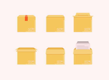 Carton delivery packaging open and closed box with fragile signs. Cardboard box mockup set.のイラスト素材