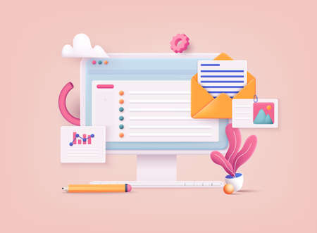 3D Web Vector Illustrations. Mail service concept. Computer with open pages.のイラスト素材