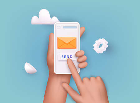 3D Web Vector Illustrations. Hand holding mobile smart phone with mail app. Mail service concept.のイラスト素材