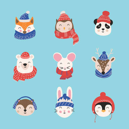 Cartoon cute animals with Christmas hats and scarfs. Merry Christmas. Hand drawn characters. Vector illustration.のイラスト素材